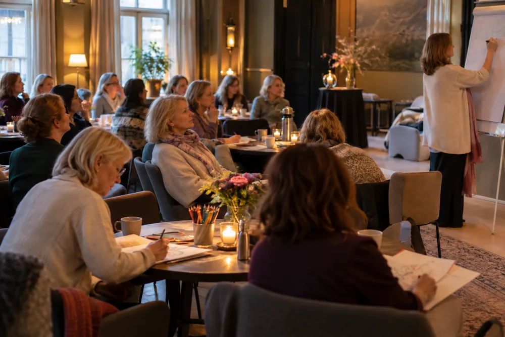 En föreläsning med engagerade deltagare i en varm mötesmiljö.