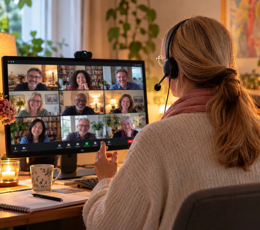 Ett digitalt gruppsamtal i en varm och ombonad miljö.
